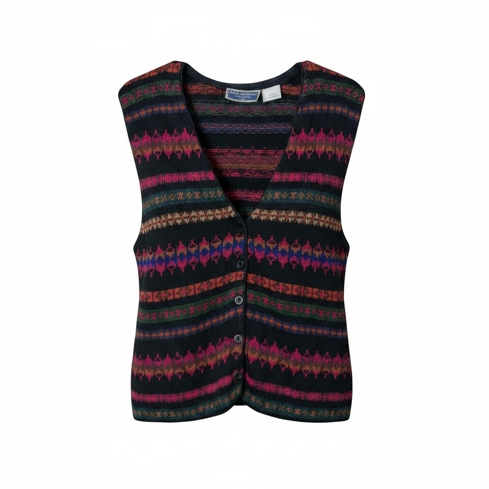 Erika Classics Vintage Fair Isle Button Front Sweater Vest Black Multi Women L